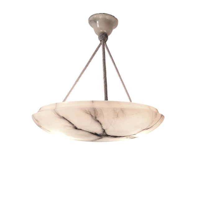 Mid-Century Modern -1930's Large Original Creamy White + Grey Alabaster Coupe W/ Rope Cord and Alabaster Canopy For Sale - Image 3 of 18