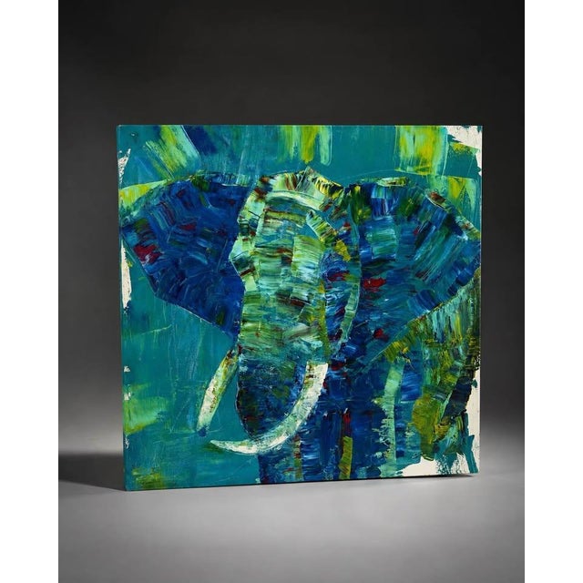 Late 20th Century Blue Teal Textured Elephant Oil Painting For Sale - Image 4 of 4