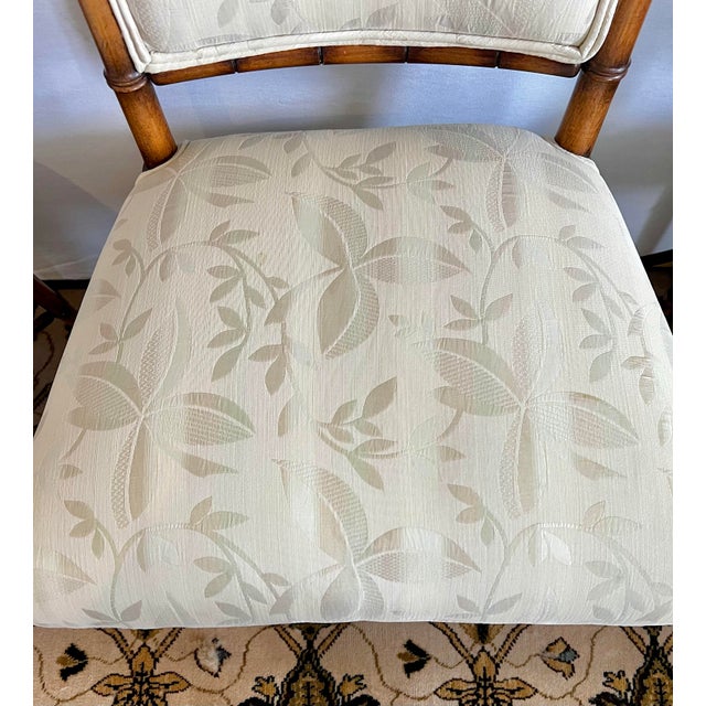 Set of 4 Chinoiserie Style Carved Bamboo Upholstered Dining Chairs For Sale - Image 4 of 11