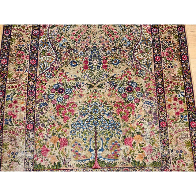 Ivory Antique Persian Kerman Lavar Rug, Hand-Knotted Wool, Tree of Life Pattern, Ivory & Turquoise, 5x8 For Sale - Image 8 of 14