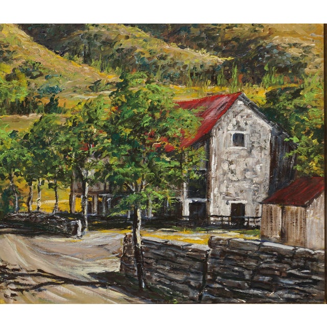 Impressionist Stone Barn in Foothills, Mid Century Pastoral Landscape For Sale - Image 3 of 4