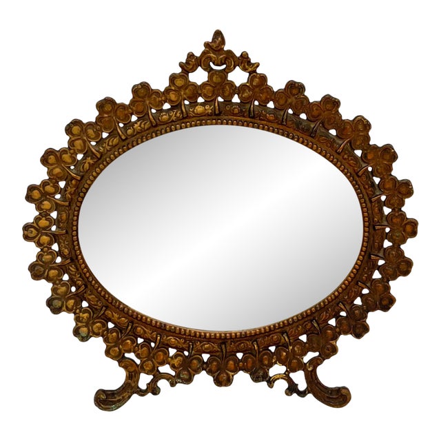 Antique Victorian Gilt Metal Table Mirror – Clover & Floral Frame – Rococo Revival / English Cottage For Sale