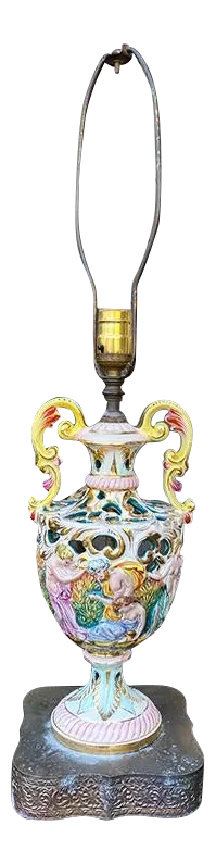 Hand Painted Porcelain Capo Di Monte Urn Lamp of Bacchus Feast, 19th Century Italy