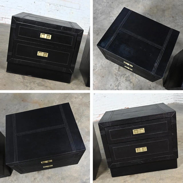Ebony Late 20th Century Modern Campaign Style Black Espresso Dyed Leather Covered End Tables Nightstands or Cabinets a Pair For Sale - Image 8 of 12