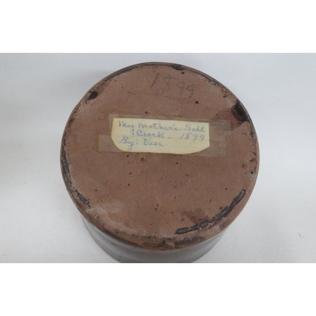 1899 Handmade Pottery Dish Dark Brown Glaze Salt Crock Bowl With Lip For Sale - Image 12 of 12