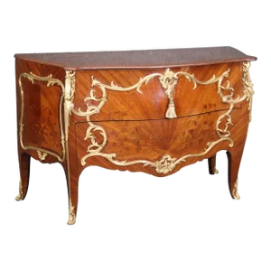 Ormolu Mounted French Louis XV Rouge Marble Top Radiating Inlay Commode