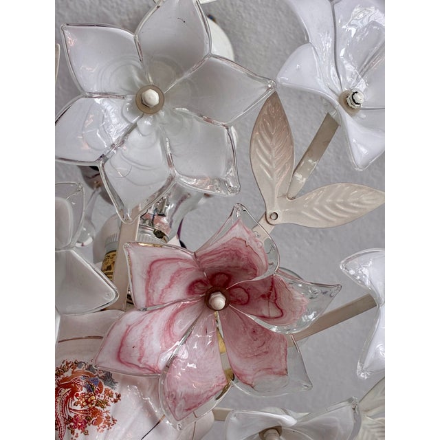 Vintage Murano Style Floral Chandelier – Romantic Pink & White Glass Bouquet Light For Sale - Image 9 of 17