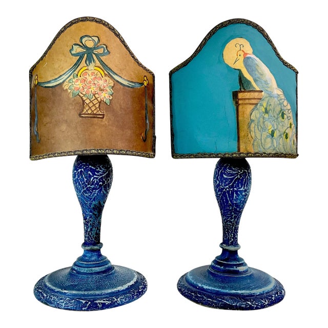 Late 1800s Antique French Art Nouveau Candle Holders With Painted Shades - A Pair. For Sale