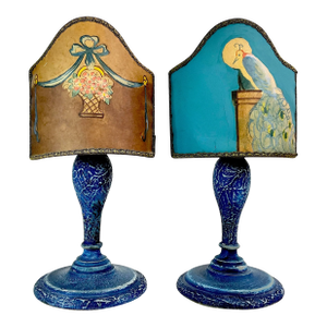Late 1800s Antique French Art Nouveau Candle Holders With Painted Shades - A Pair.