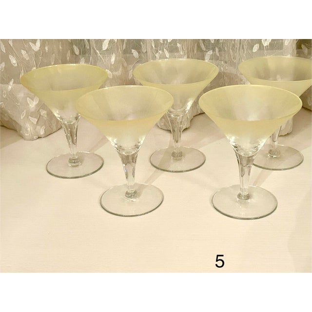 Set of 5 Vintage Dorothy Thorpe martini/ cocktail glasses. Yellow satin, frosted finish with clear stems. Mid-century modern.