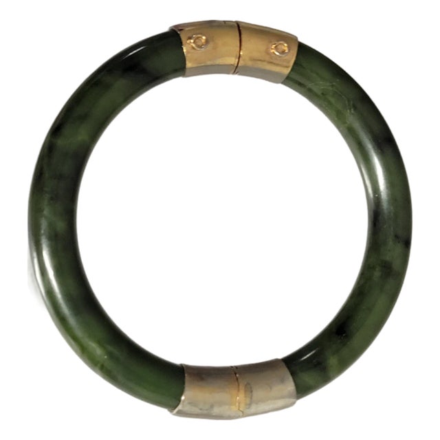 Vintage Chinese Spinach Jade Bangle Bracelet With Gold-Plated Clasp For Sale