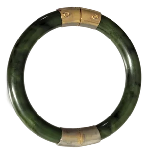 Vintage Chinese Spinach Jade Bangle Bracelet With Gold-Plated Clasp