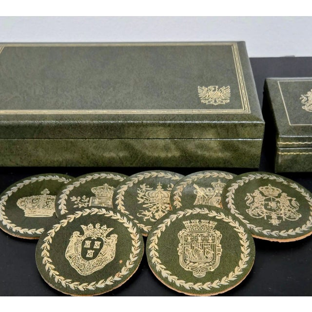 Animal Skin Mid 20th Century Gentleman’s Swedish Royal Court Green Leather Cufflink Box & Coaster Set – Malmo by Skandinaviska Etuifabriken For Sale - Image 7 of 9