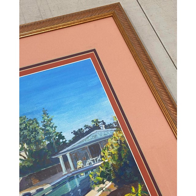 Sky Blue Vintage "Backyard Pool" Original Gouache Painting by Dosne For Sale - Image 8 of 13