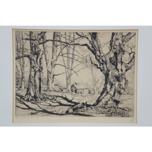 1930s Antique 1939 Walter Ronald Locke Signed End of Sugaring Maple Tree Etching 21" For Sale - Image 5 of 11