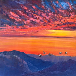 Large Contemporary Oil Painting Cranes Over Sunset 48x48” For Sale