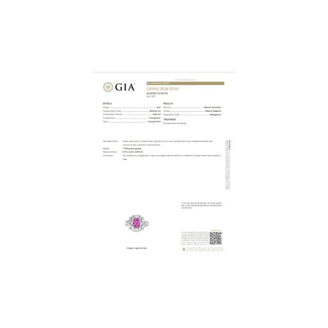 GIA Certified 2.4 Carat No Heat Pink Sapphire & Briolette Diamond Platinum Ring For Sale In Miami - Image 6 of 6