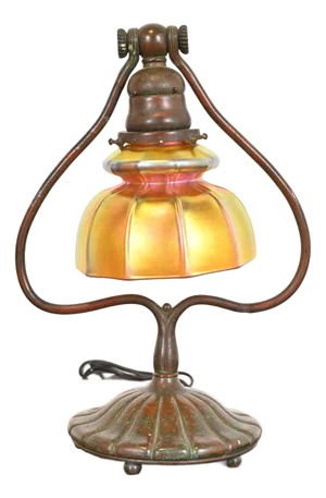 Tiffany Studios New York Bronze Harp Favrile Iridescent Art Glass Desk Lamp