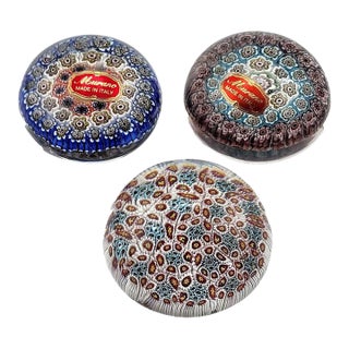 Set of 3 Murano Milifiori Paper Weights With Factory Stickers - Made in Italy For Sale
