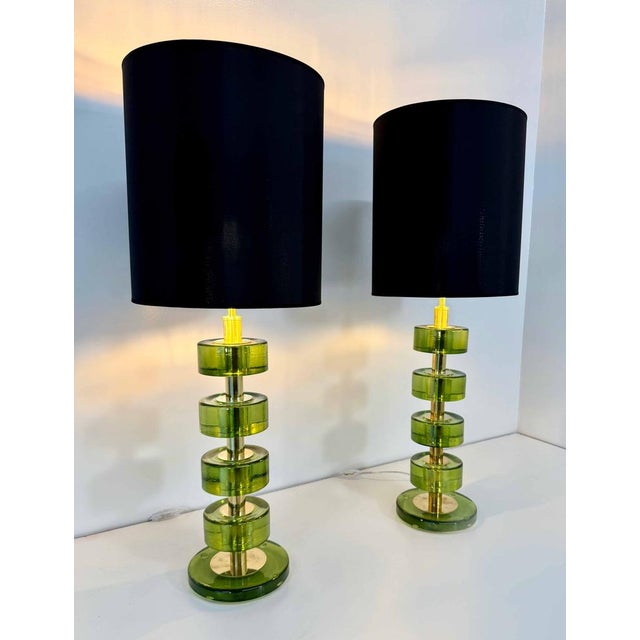 Italian Green Emerald Murano Glass Discs and Brass Lamps with Black Lampshades, 2000s, Set of 2 For Sale - Image 4 of 15