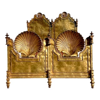 Late 19th Century Regency Gilt Wrought Iron Clam Shell Queen Bed For Sale
