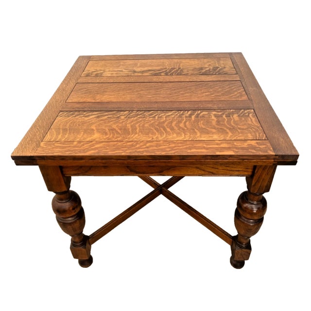 Wood Early 20th Century English Tudor Expansion Table Turned Baluster Legs Quarter Sawn Oak, X-Stretcher 1a For Sale - Image 7 of 16