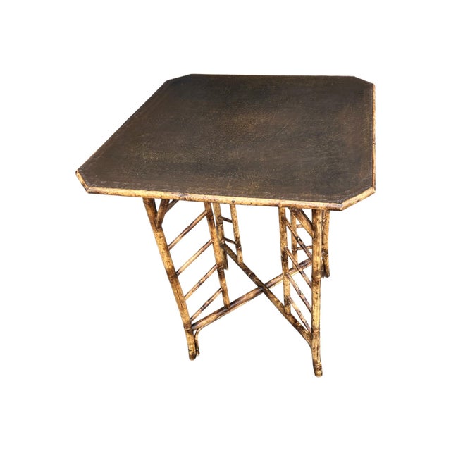 1960s Asian Pagoda Style Bamboo Table & Four Stools With Scenic Painted Panels For Sale - Image 12 of 15