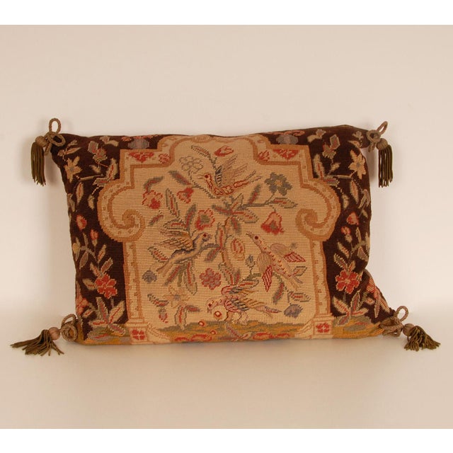 Antique French Needlepoint Pillow Throw Cushion Antique Animal Medallion For Sale - Image 12 of 12