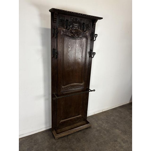 Carved Oak Entryway Coat Rack with Wrought Iron Hooks For Sale - Image 3 of 6
