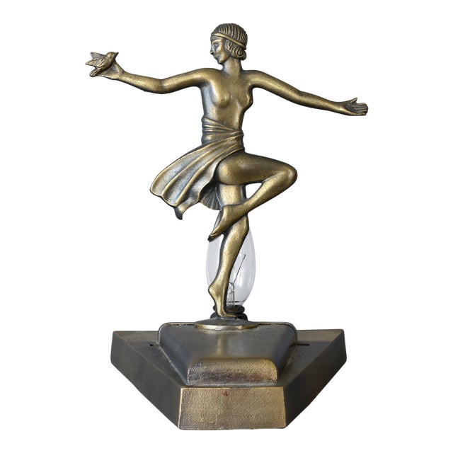 1930s Loevsky & Loevsky Art Deco Nude Lady Holding Bird Lamp For Sale