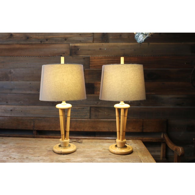Heywood-Wakefield 1950s Heywood-Wakefield Bamboo Style Table Lamps | Pair of Mid Century Modern Wood Lamps For Sale - Image 4 of 18