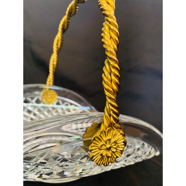 Vintage Mid Century Basket Inspired Cut Crystal Dish With Roped Brass Handle For Sale - Image 4 of 13