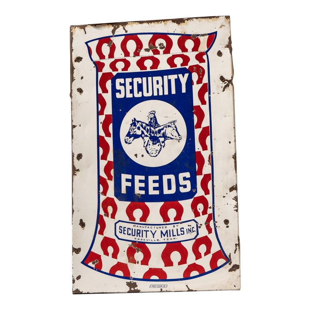 Vintage Security Feeds Porcelain Advertising Sign by Post Sign Co. For Sale