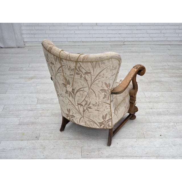 Vintage Danish Lounge Chair in Furniture Fabric and Carved Oak, 1950s For Sale - Image 12 of 18