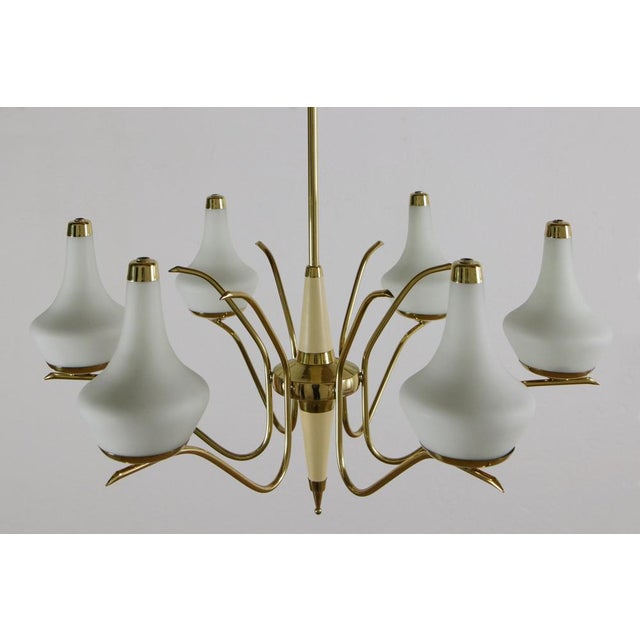 Mid-Century Italian Six Lights Gold and Ivory Chandelier attributed to Stilnovo, 1960s For Sale - Image 15 of 17