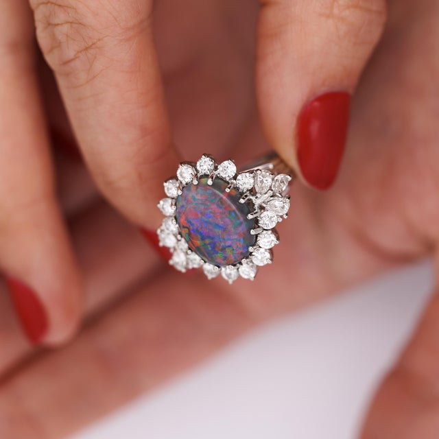 Vintage Gia Certified Black Opal Mixed Cut Diamond Halo 14k Cocktail Ring For Sale - Image 9 of 10