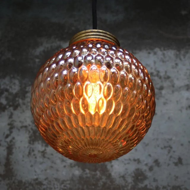 Mid-Century Brass Top Pendant Lights in Amber Glass For Sale - Image 4 of 7