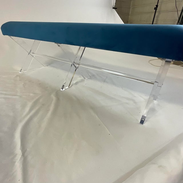 Cerulean 1980s Contemporary Modern Lucite X-Base Bench, Newly Upholstered in Velvet. For Sale - Image 8 of 10