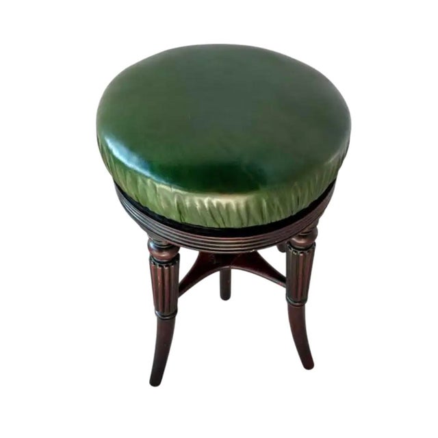 Late 19th Century Adjustable English Mahogany Music Stool, Green Leather Seat, C. 1860 For Sale - Image 5 of 8