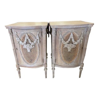 1930s Pair French Country Bleached Oak Nightstands Cane Fronts / Floral Wood Swag & Drawers For Sale