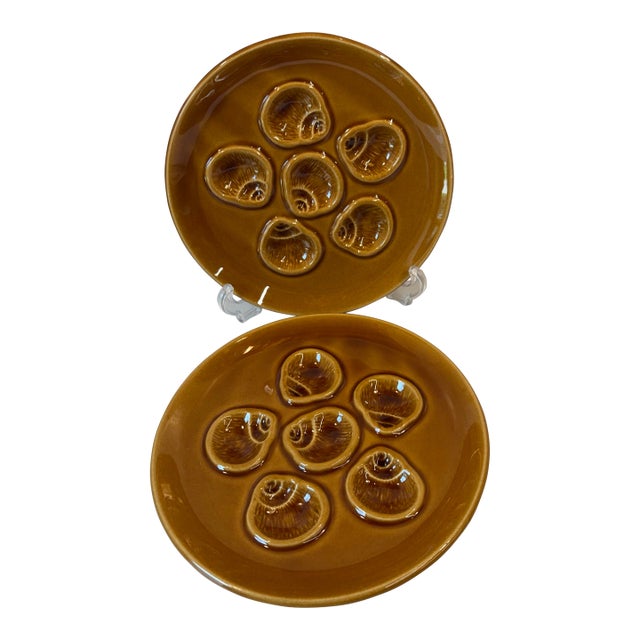Vintage French Amber Escargot Plates - A Pair For Sale