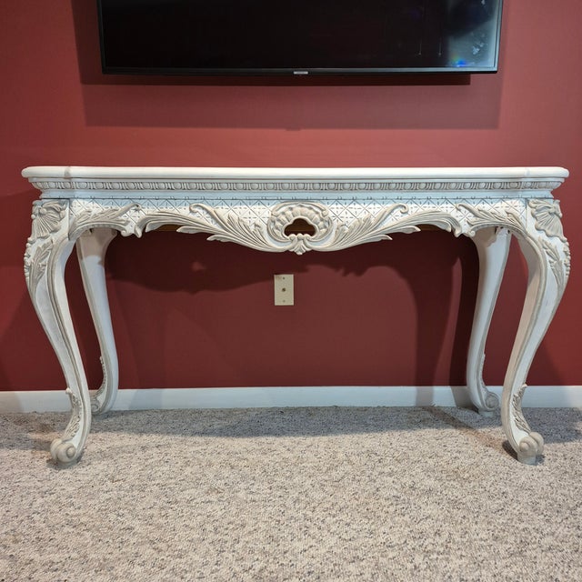 French Late 20th Century Louis XV Style Painted Carved Wood Marble Inset Console Table For Sale - Image 3 of 10