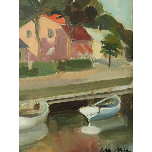 Mid-Century Modern 'Houses by the Canal' Swdish Expressionist Landscape Oil Painting, Framed For Sale - Image 11 of 12