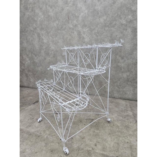 Vintage White Wire 3-Tier Rolling Plant Stand on Casters For Sale - Image 10 of 10