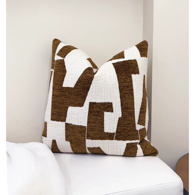 Cocoa Hierographic 20x20 Chenille Pillow With Feather Down Insert For Sale - Image 4 of 5