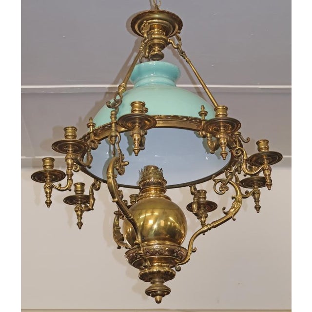 Blue Late 19th Century Brass Kerosene Oil Chandelier With Blue Shade For Sale - Image 8 of 12