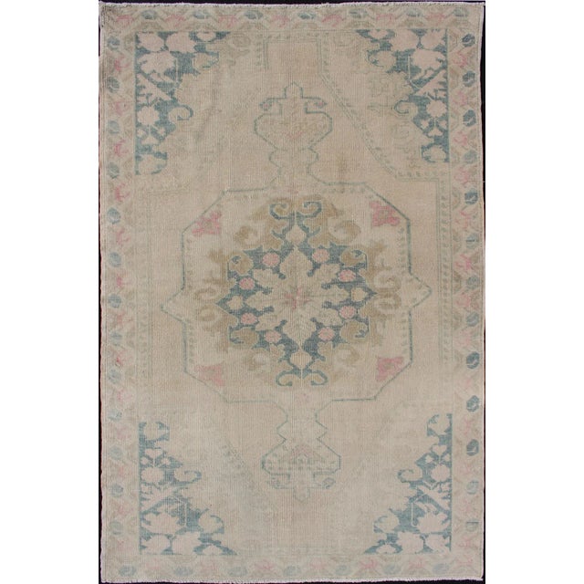 Faded Turkish Oushak Rug From Turkey With Blossom Medallion For Sale - Image 11 of 11