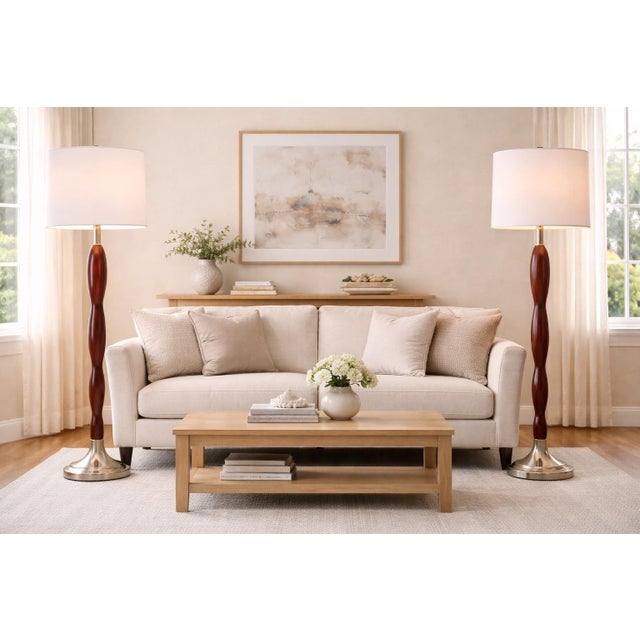 Wood Vintage Sculptural Wood & Brushed Nickel Floor Lamps – Pair For Sale - Image 7 of 10