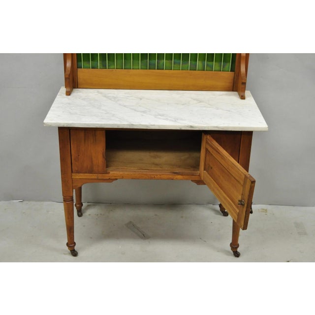 Antique English Arts & Crafts Birch Wood Green Tile Backsplash Washstand Server For Sale - Image 13 of 18
