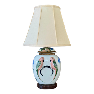 Vintage Hand-Painted Ceramic Parrot Ginger Jar Table Lamp With Original Shade